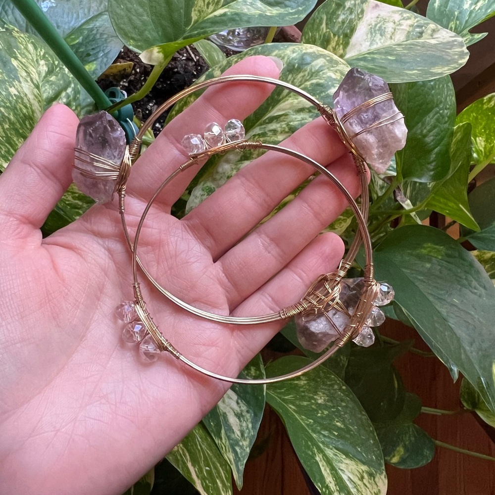 Set of Two Gold Bangles with Purple Gemstone and Bead Design